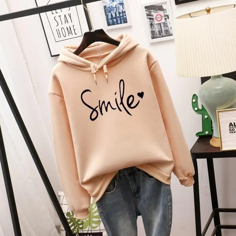 Lucy | Women's Cheerful Cozy Smile Graphic Hoodie-Metro Lane Plaza