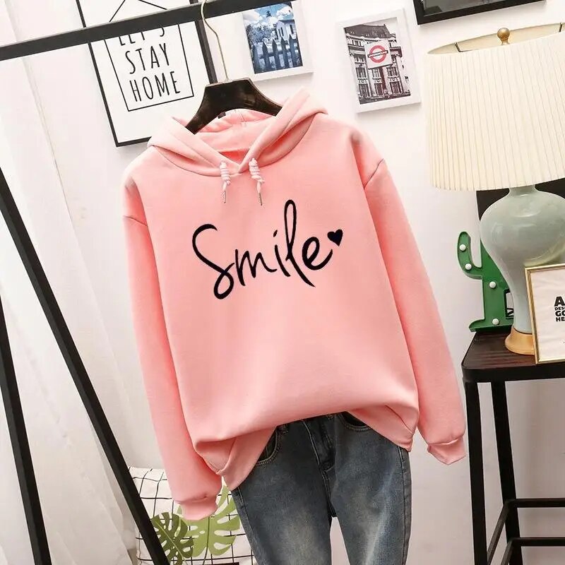 Lucy | Women's Cheerful Cozy Smile Graphic Hoodie-Metro Lane Plaza