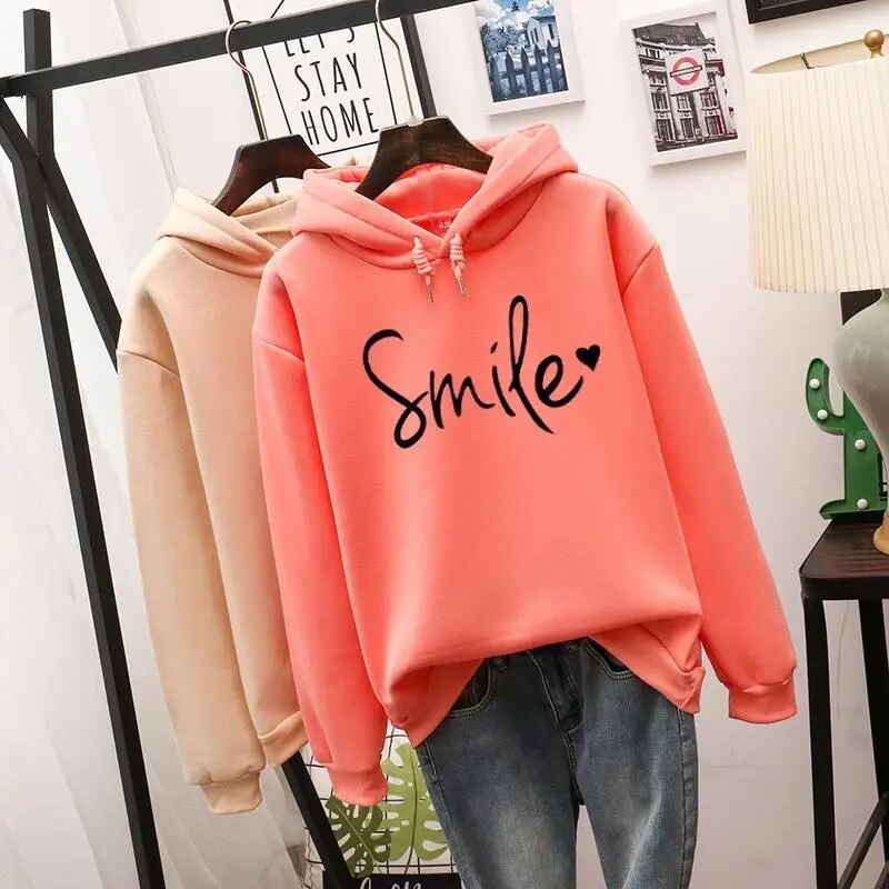 Lucy | Women's Cheerful Cozy Smile Graphic Hoodie-Metro Lane Plaza