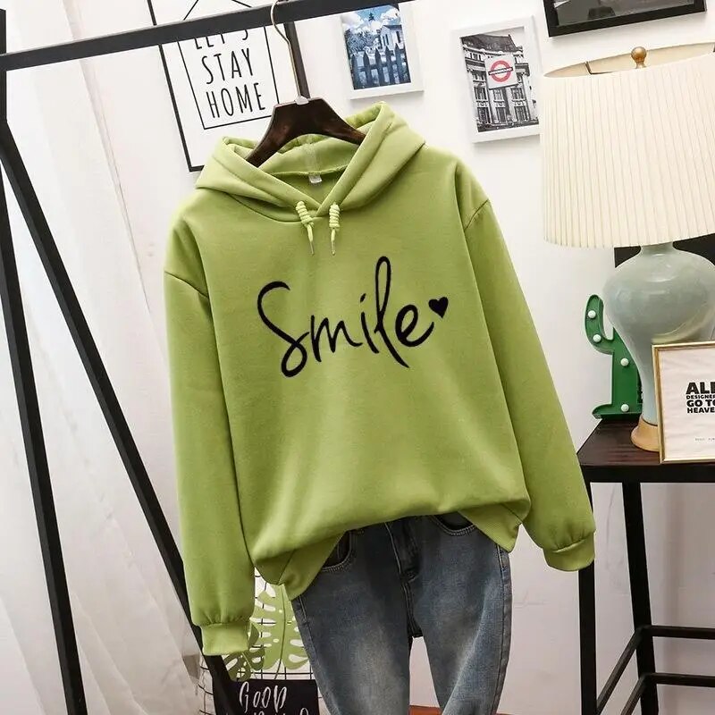 Lucy | Women's Cheerful Cozy Smile Graphic Hoodie-Metro Lane Plaza