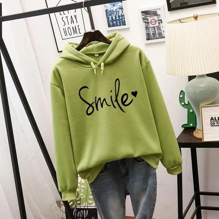 Lucy | Women's Cheerful Cozy Smile Graphic Hoodie-Metro Lane Plaza