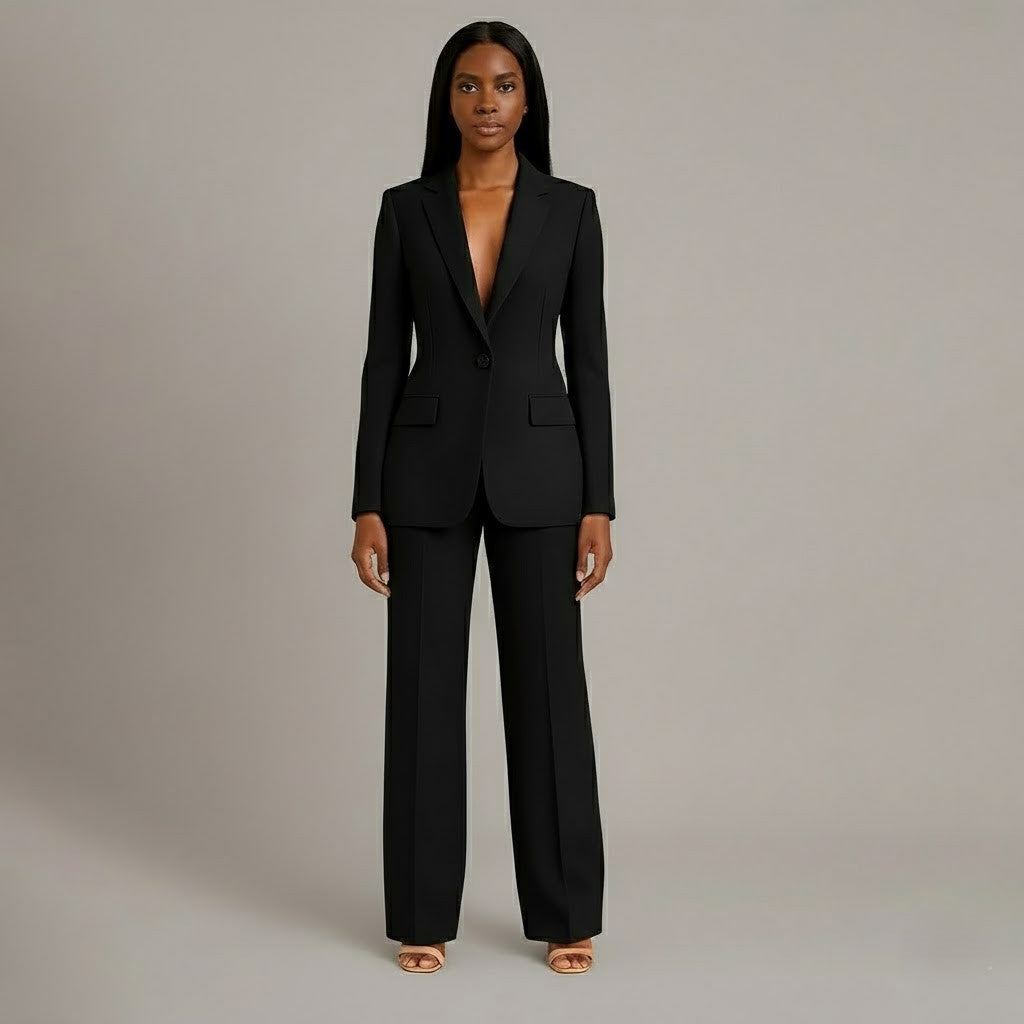 Women's Tailored Blazer and Wide Trousers Two-Piece Suit Set-Metro Lane Plaza