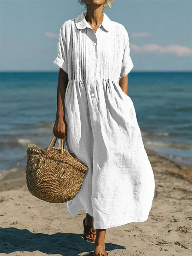 Elysia | Women's Elegant Cotton Shirt Dress with Defined Waist-Metro Lane Plaza
