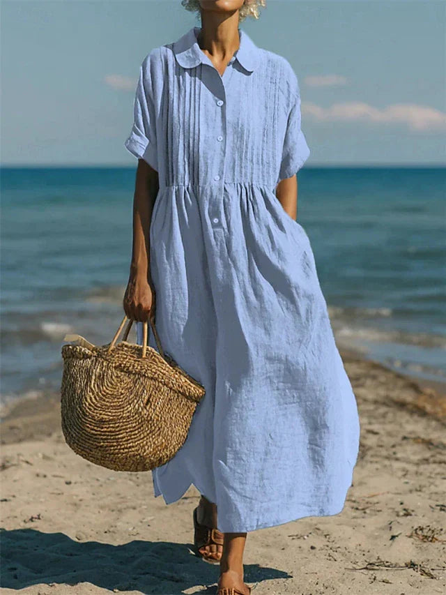 Elysia | Women's Elegant Cotton Shirt Dress with Defined Waist-Metro Lane Plaza