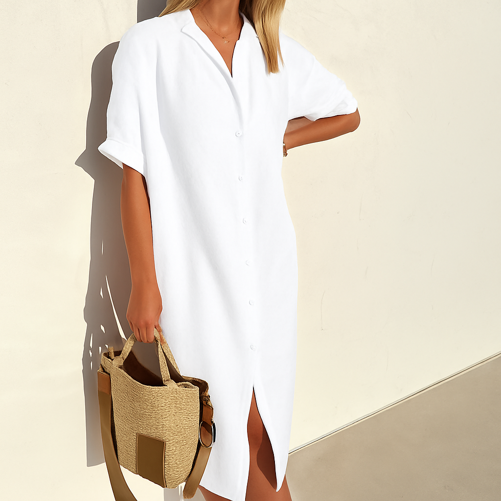 Carmen | Women's Classic Button Down Relaxed Midi Dress-Metro Lane Plaza