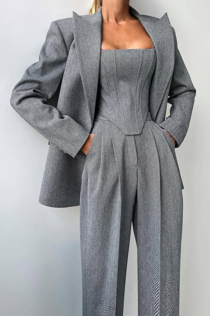 Emma | Women's Elegant Herringbone Three-Piece Suit Set-Metro Lane Plaza