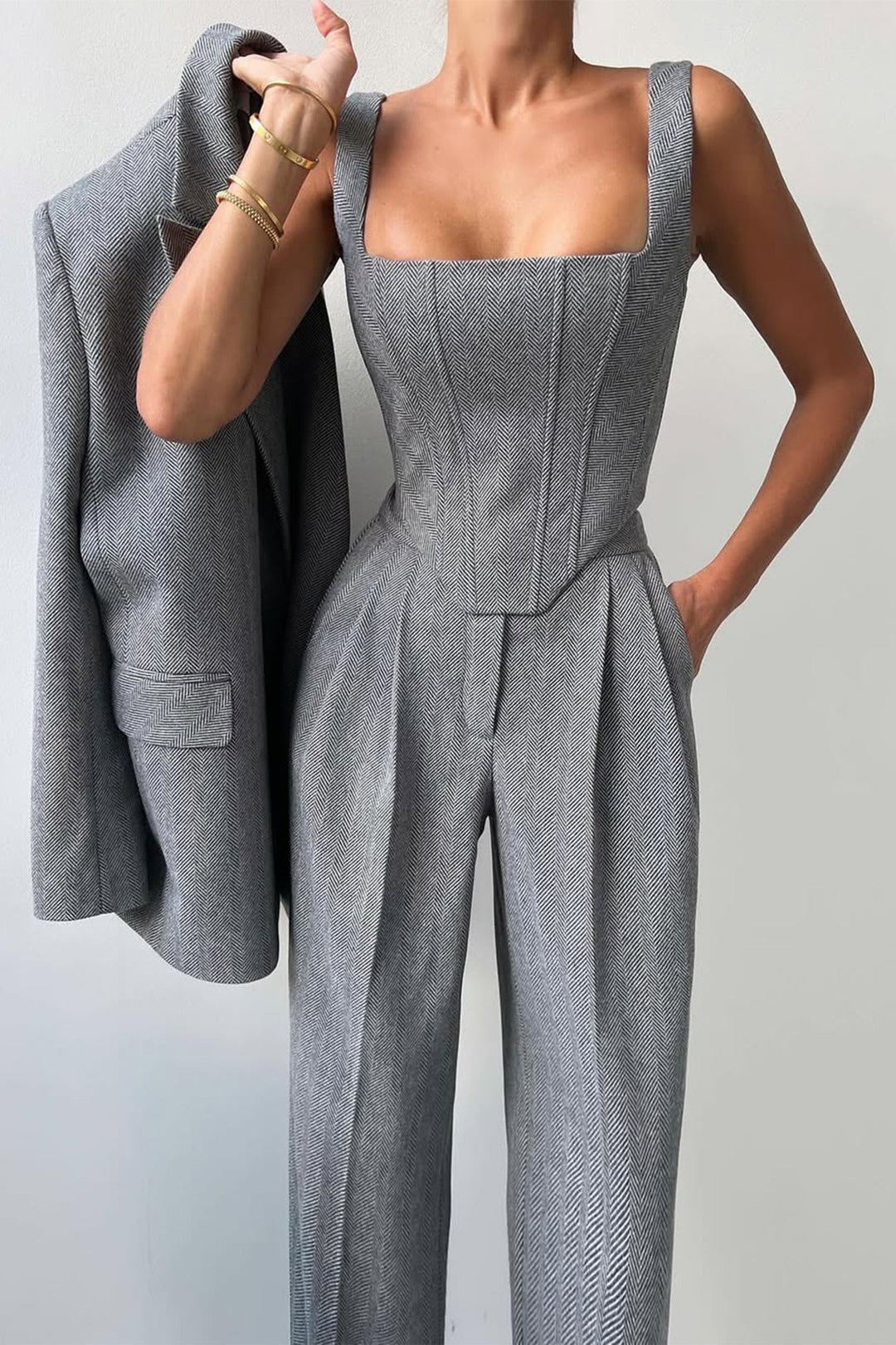 Emma | Women's Elegant Herringbone Three-Piece Suit Set-Metro Lane Plaza