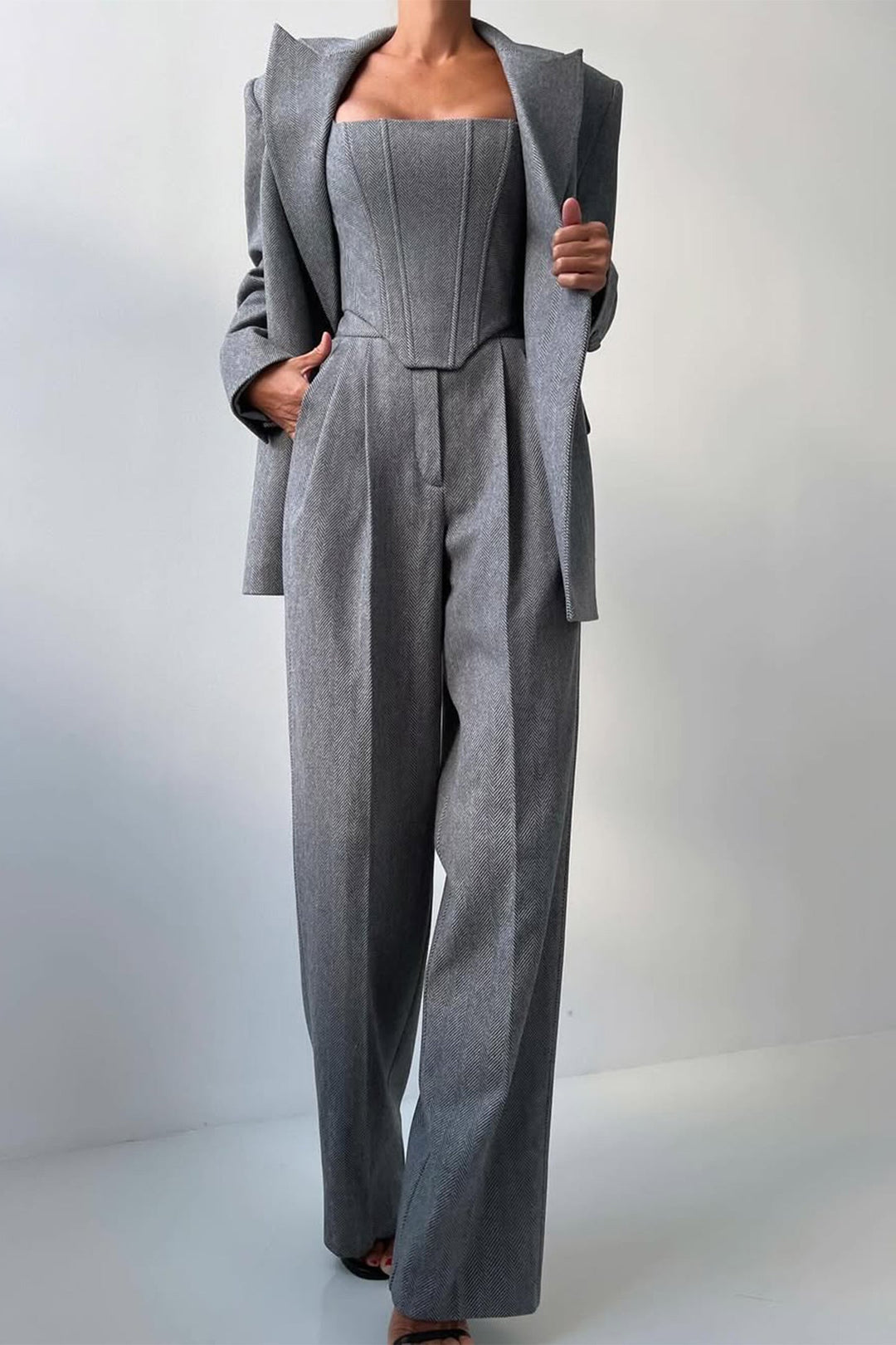 Emma | Women's Elegant Herringbone Three-Piece Suit Set-Metro Lane Plaza