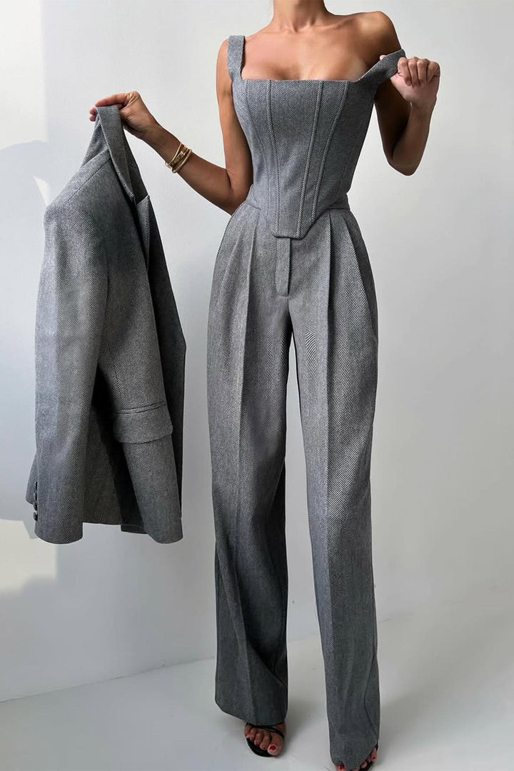 Emma | Women's Elegant Herringbone Three-Piece Suit Set-Metro Lane Plaza