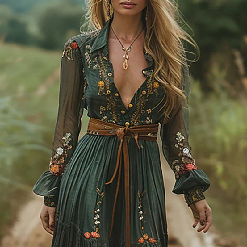 Women's Boho Floral V-Neck Maxi Dress in Flowing Style-Metro Lane Plaza