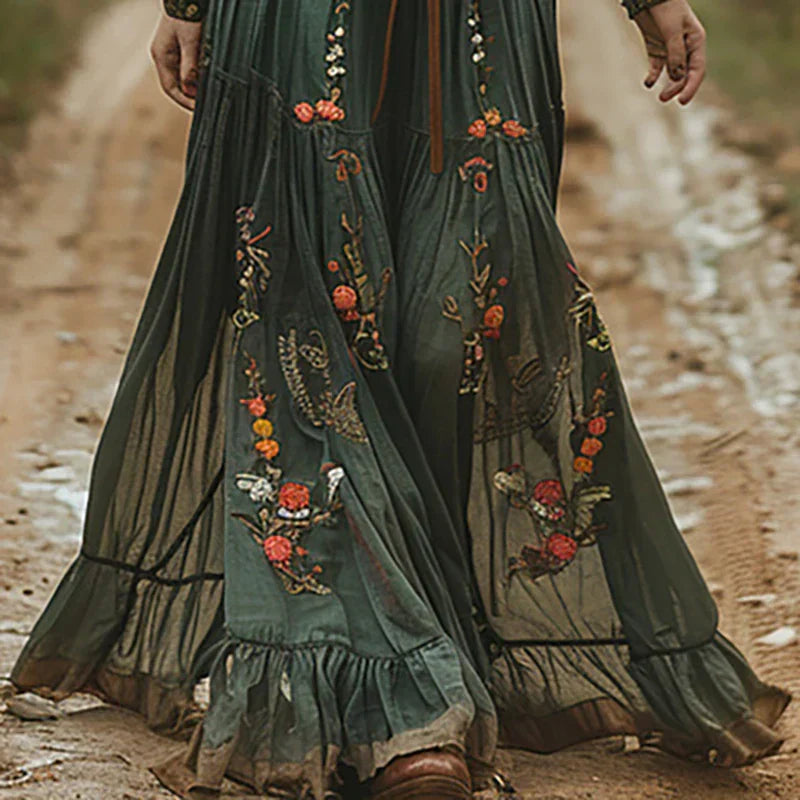 Women's Boho Floral V-Neck Maxi Dress in Flowing Style-Metro Lane Plaza