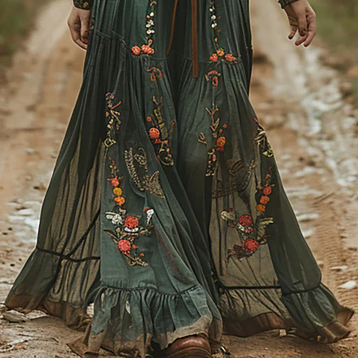 Women's Boho Floral V-Neck Maxi Dress in Flowing Style-Metro Lane Plaza