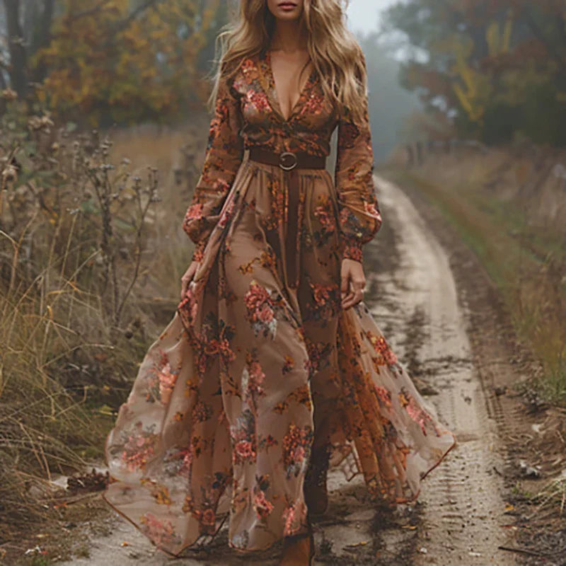 Women's Boho Floral V-Neck Maxi Dress in Flowing Style-Metro Lane Plaza