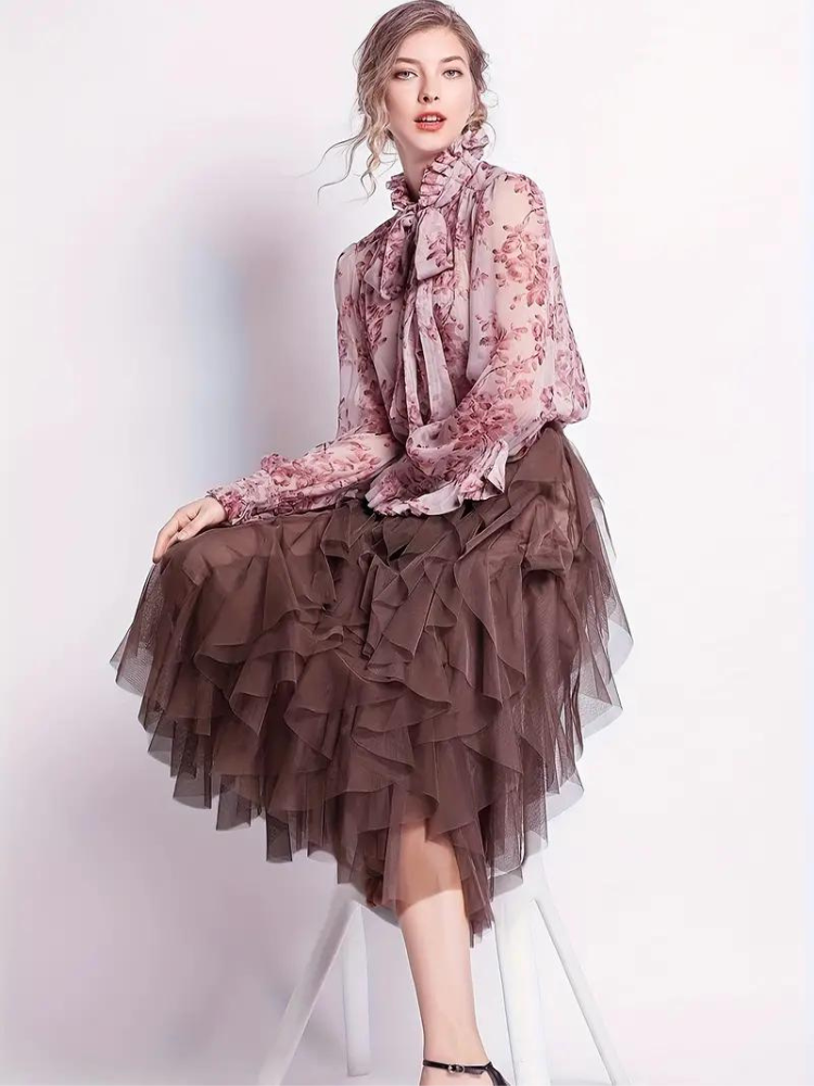 Women's High Waisted Midi Skirt with Layered Mesh and Ruffles-Metro Lane Plaza