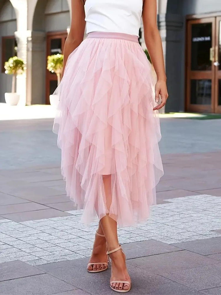 Women's High Waisted Midi Skirt with Layered Mesh and Ruffles-Metro Lane Plaza
