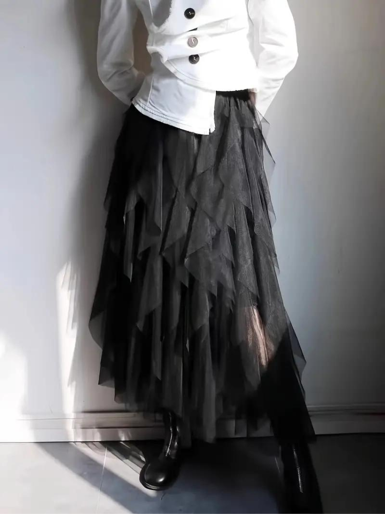 Women's High Waisted Midi Skirt with Layered Mesh and Ruffles-Metro Lane Plaza