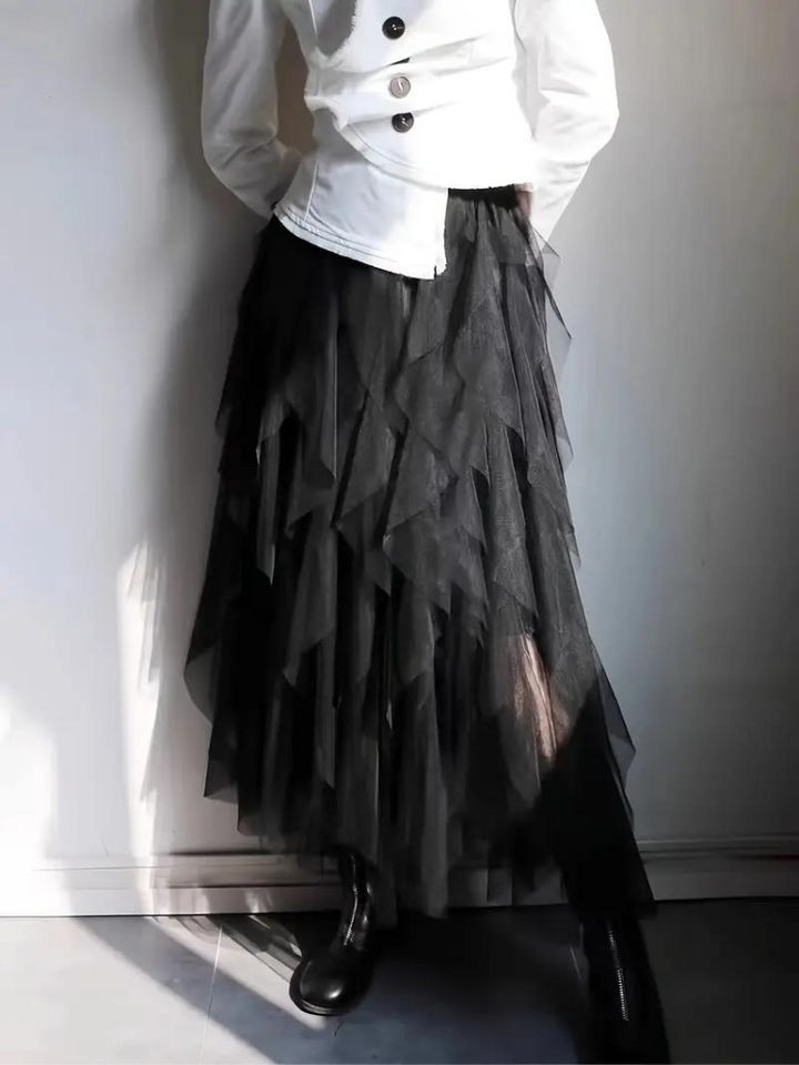 Women's High Waisted Midi Skirt with Layered Mesh and Ruffles-Metro Lane Plaza