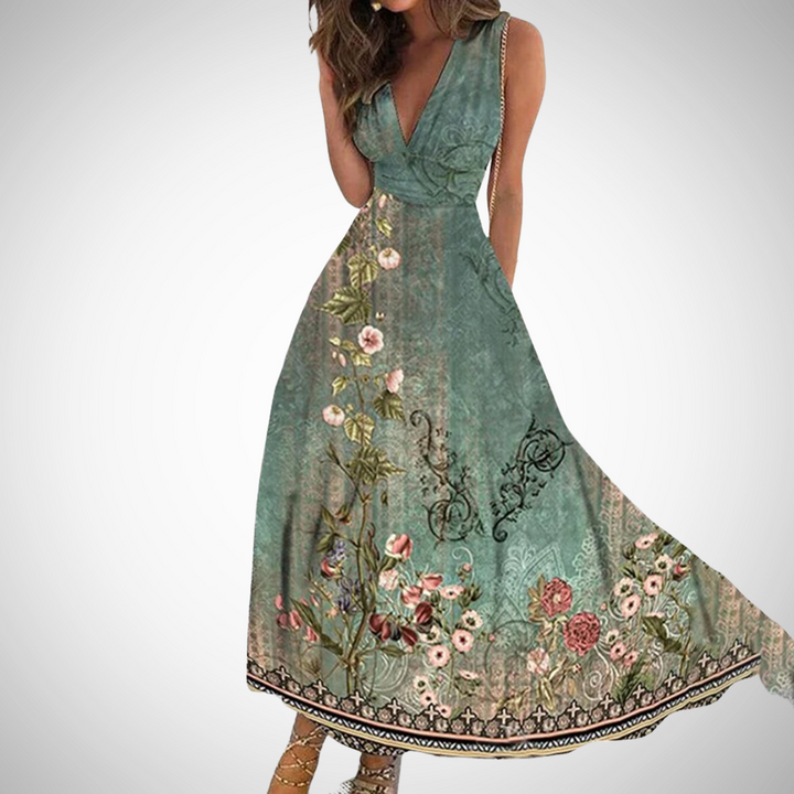 Sophia | Women's Elegant Floral Sleeveless Maxi Dress-Metro Lane Plaza
