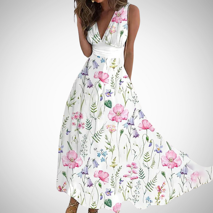 Sophia | Women's Elegant Floral Sleeveless Maxi Dress-Metro Lane Plaza
