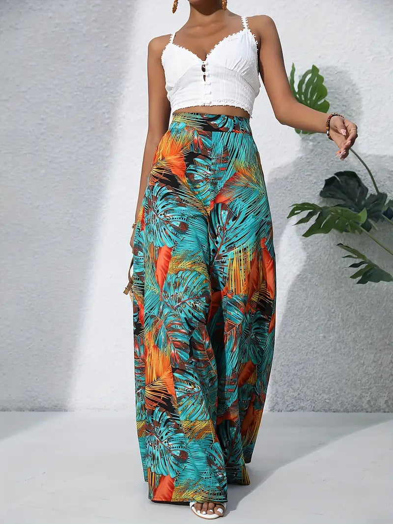 Pantalones palazzo de pierna ancha y cintura alta con estampado floral para mujer