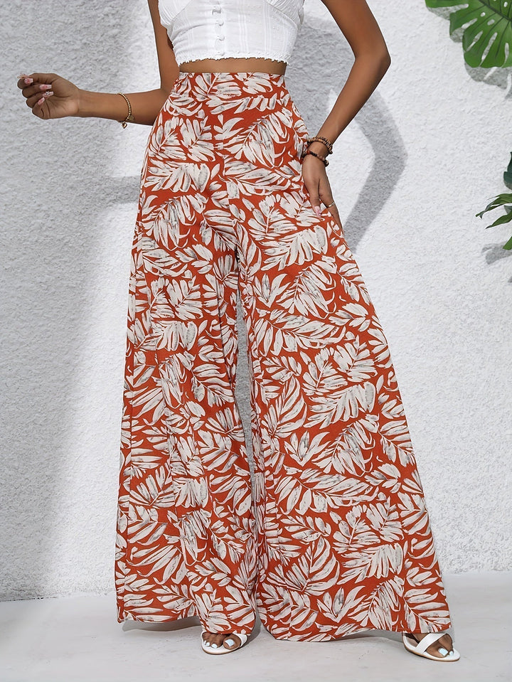 Pantalones palazzo de pierna ancha y cintura alta con estampado floral para mujer