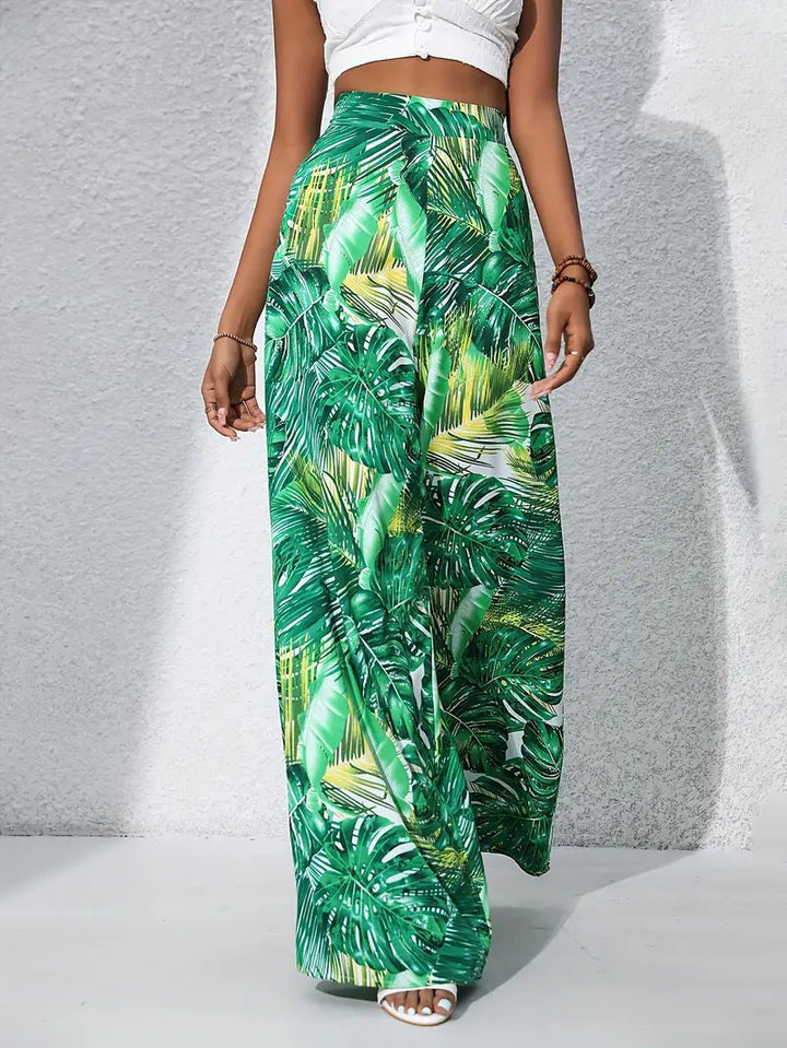 Pantalones palazzo de pierna ancha y cintura alta con estampado floral para mujer