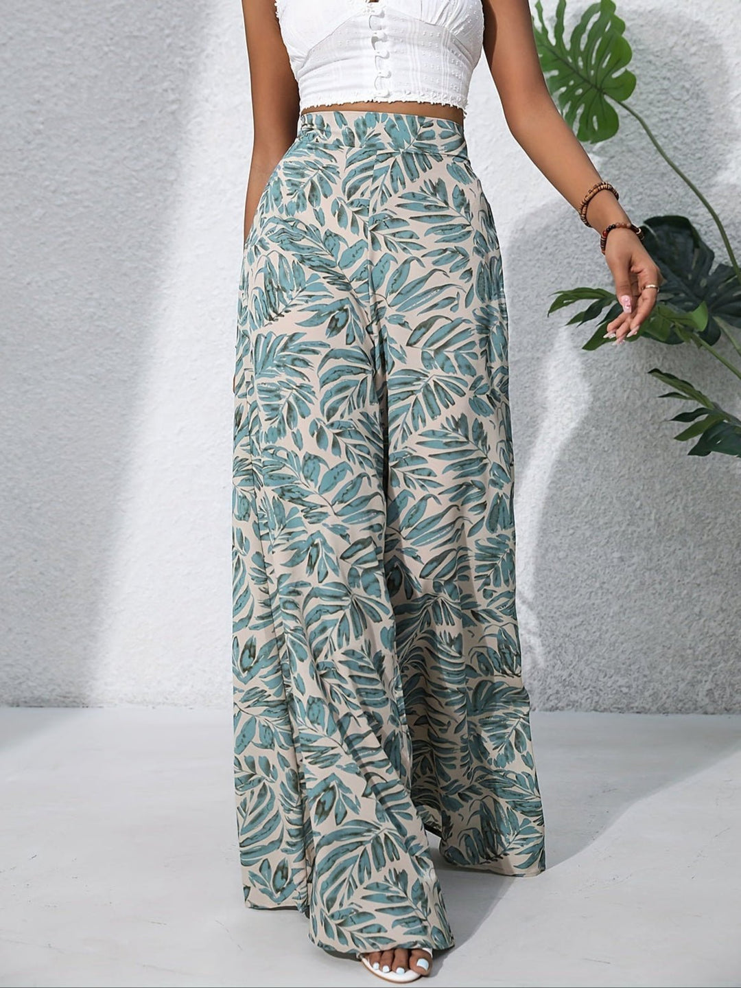 Pantalones palazzo de pierna ancha y cintura alta con estampado floral para mujer