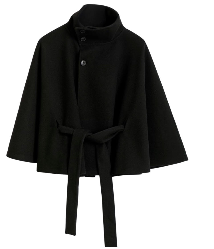Cappotto mantella da donna con collo alto e cintura