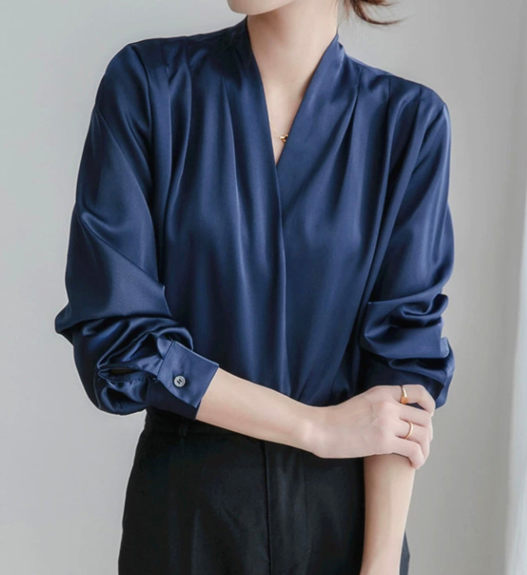 Sophia | Women's Satin V-Neck Top with Puff Sleeves-Metro Lane Plaza