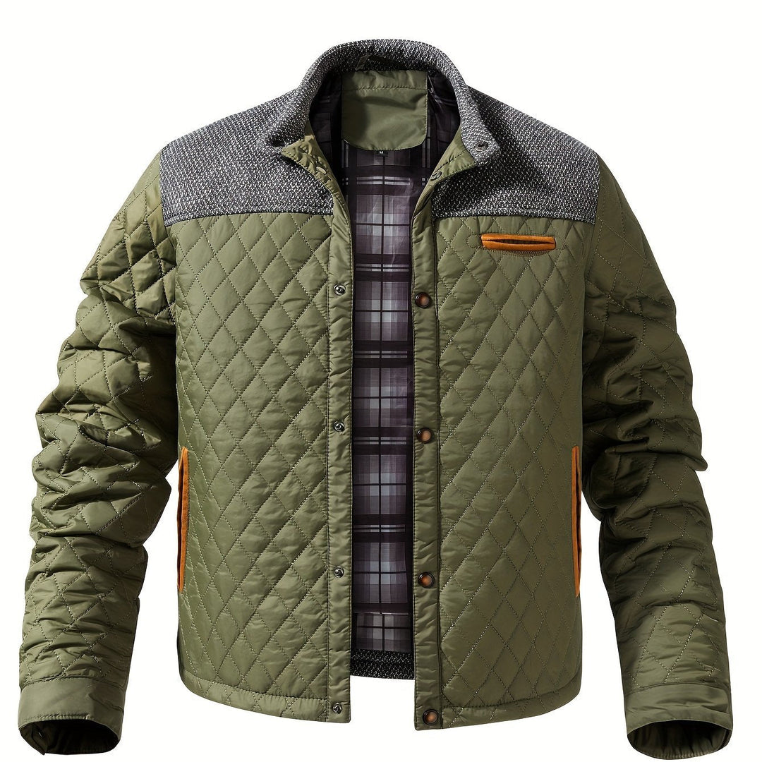 Chaqueta acolchada bicolor para hombre con cuello alzado y botones a presión