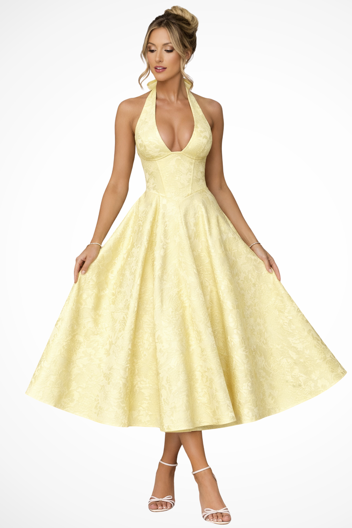 Women's Elegant Halter Neck Backless Corset Midi Dress-Metro Lane Plaza