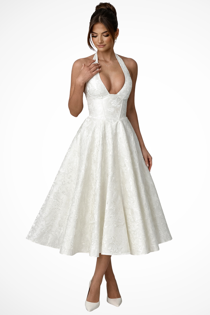 Women's Elegant Halter Neck Backless Corset Midi Dress-Metro Lane Plaza