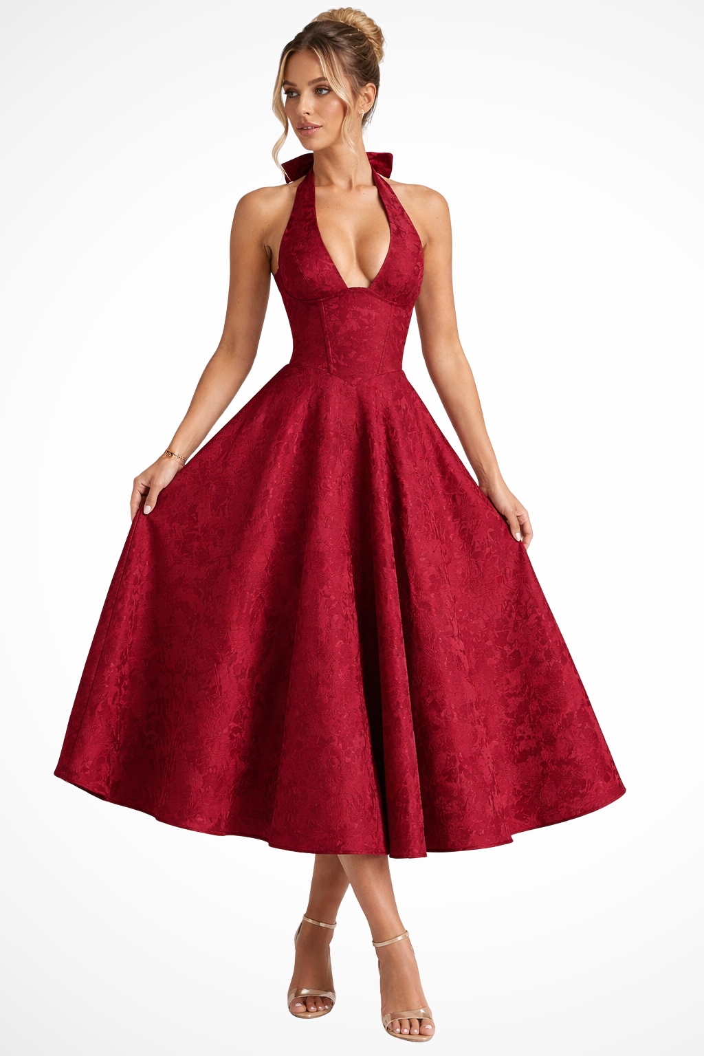 Women's Elegant Halter Neck Backless Corset Midi Dress-Metro Lane Plaza