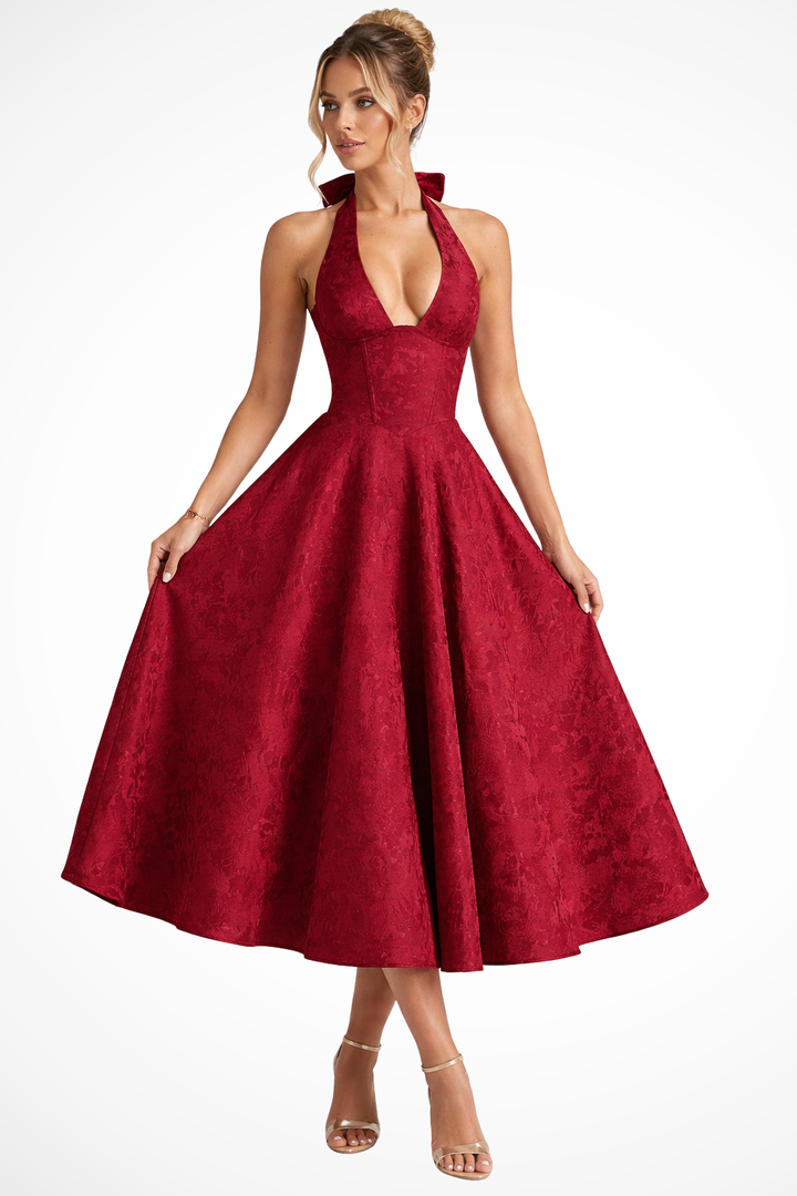 Women's Elegant Halter Neck Backless Corset Midi Dress-Metro Lane Plaza