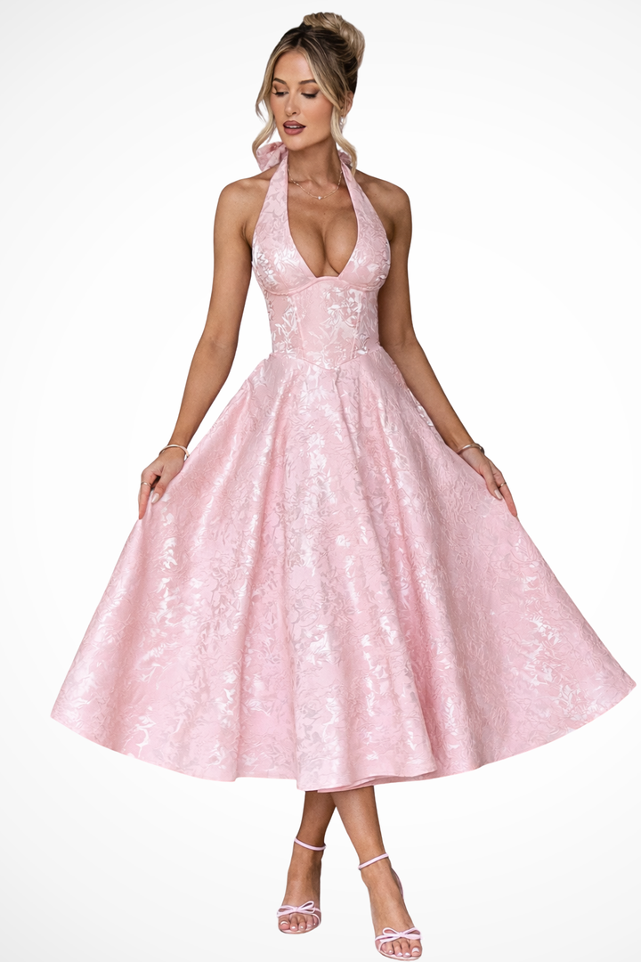 Women's Elegant Halter Neck Backless Corset Midi Dress-Metro Lane Plaza