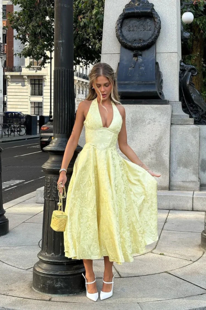 Women's Elegant Halter Neck Backless Corset Midi Dress-Metro Lane Plaza