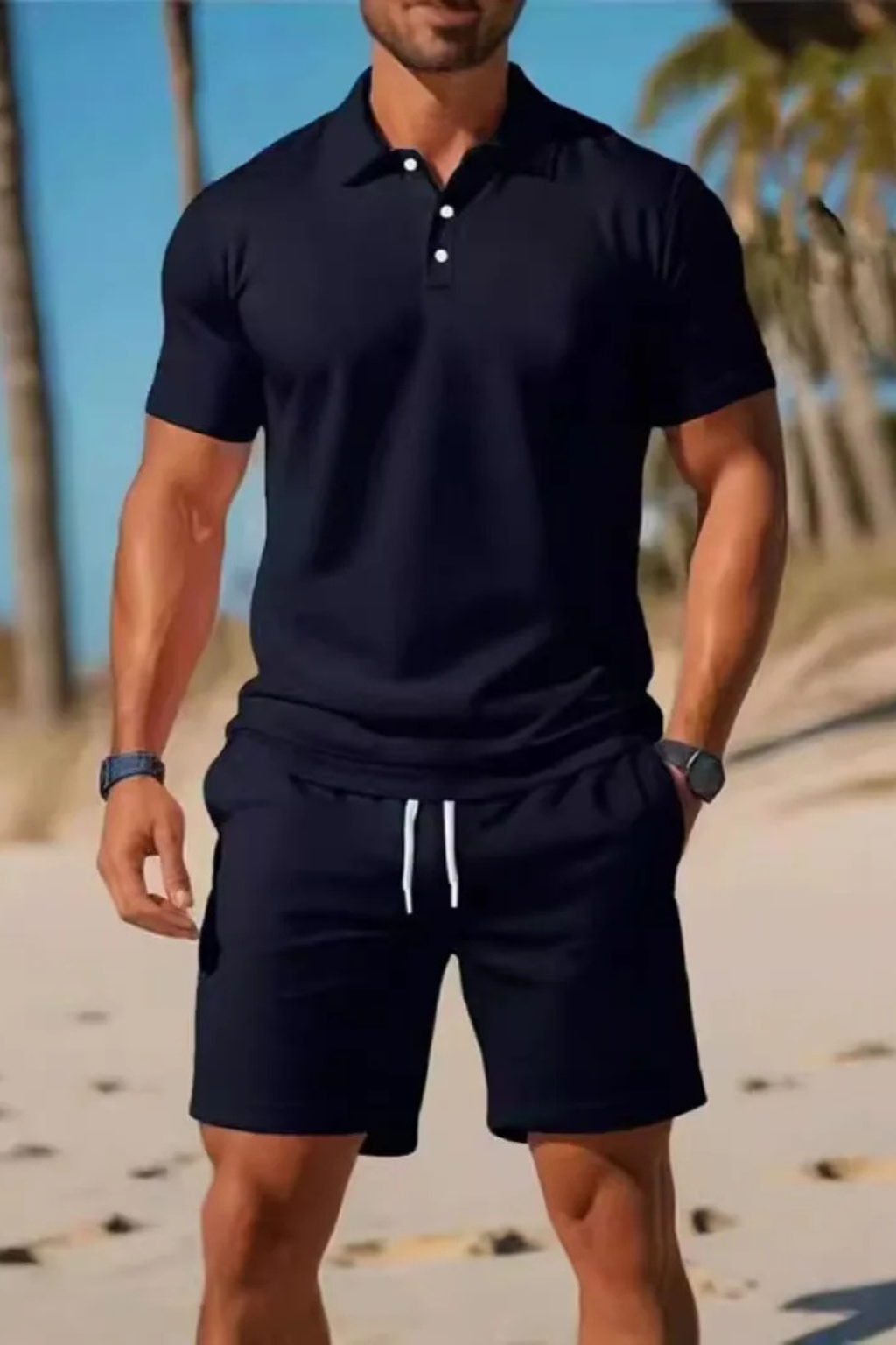 Men's Stylish Polo Shirt and Drawstring Shorts Summer Outfit Set-Metro Lane Plaza