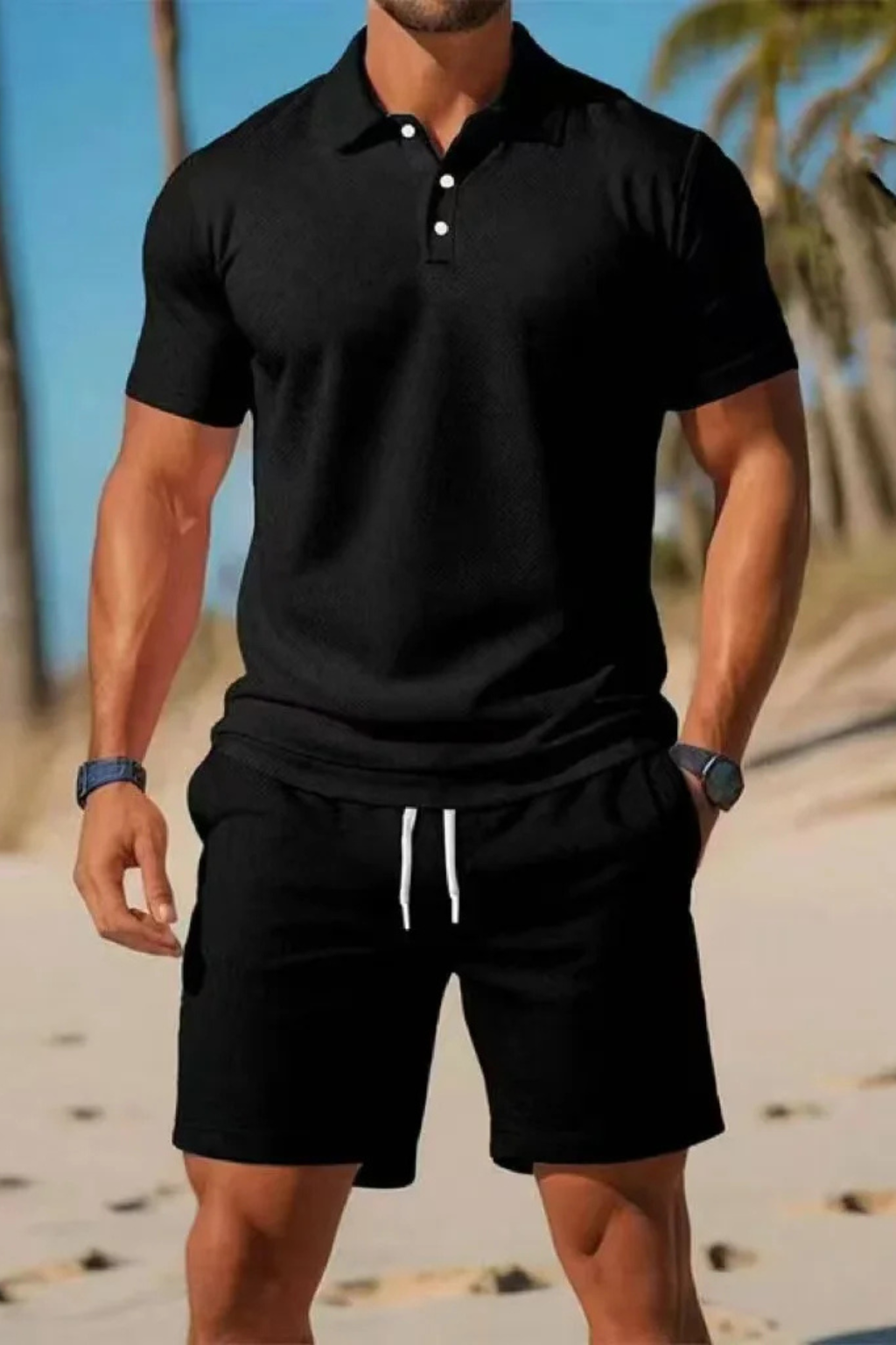 Men's Stylish Polo Shirt and Drawstring Shorts Summer Outfit Set-Metro Lane Plaza