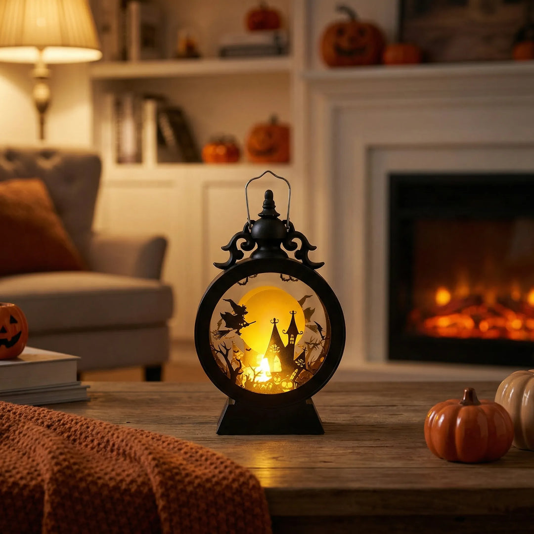 LED-Halloween-Laterne für Damen mit gotischem Fenster und Scherenschnitt-Silhouetten