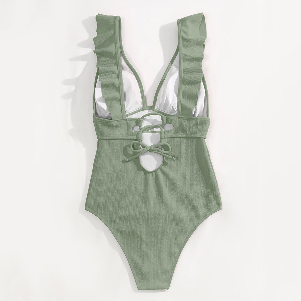 Elisa | Women's Elegant V-Neck Swimsuit with Ruffle Details-Metro Lane Plaza