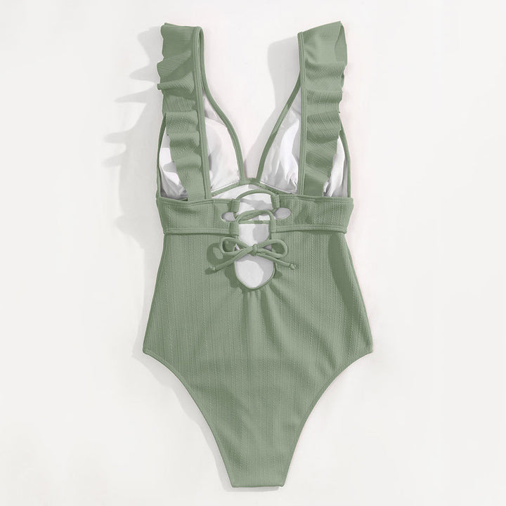 Elisa | Women's Elegant V-Neck Swimsuit with Ruffle Details-Metro Lane Plaza