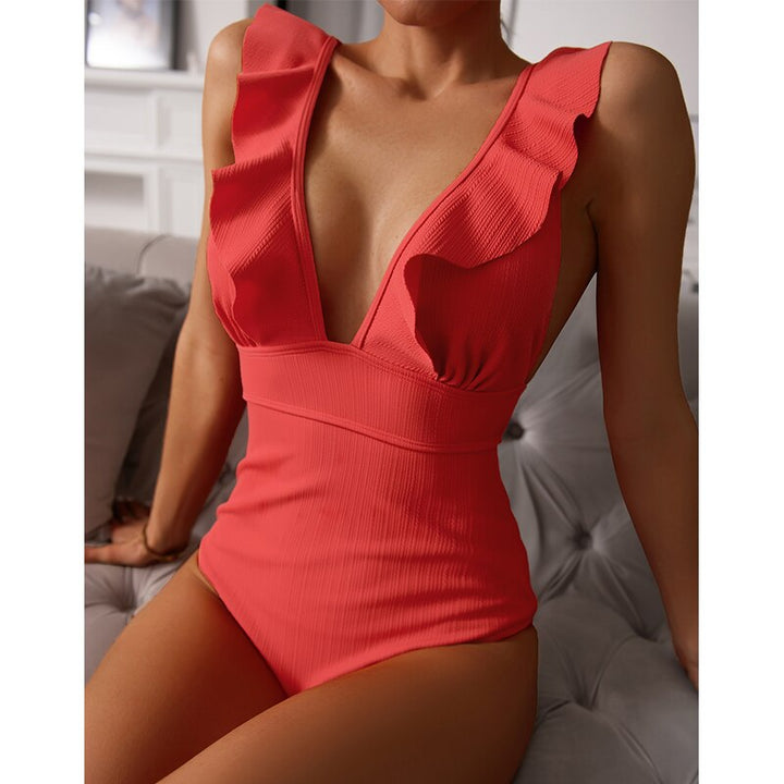 Elisa | Women's Elegant V-Neck Swimsuit with Ruffle Details-Metro Lane Plaza