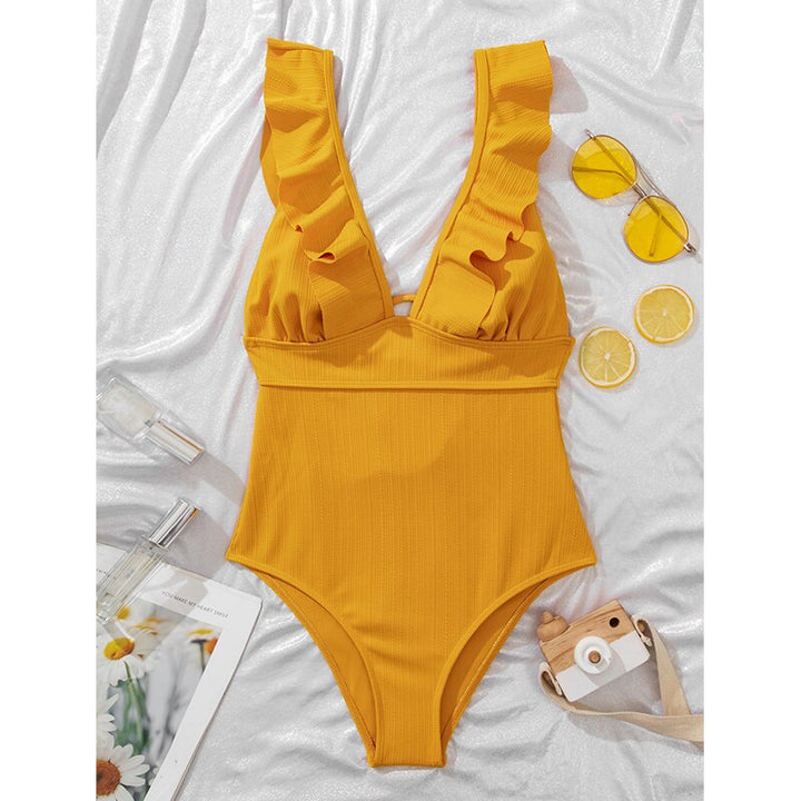 Elisa | Women's Elegant V-Neck Swimsuit with Ruffle Details-Metro Lane Plaza
