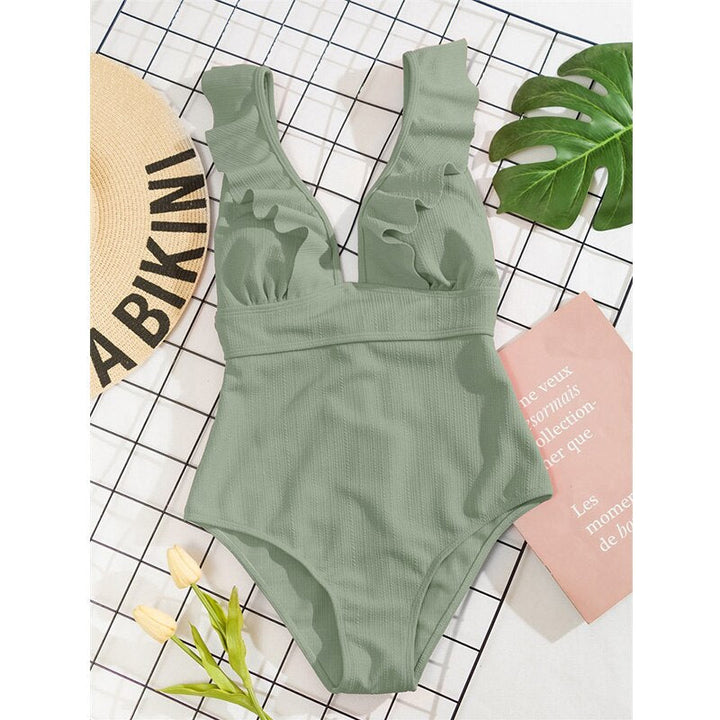 Elisa | Women's Elegant V-Neck Swimsuit with Ruffle Details-Metro Lane Plaza
