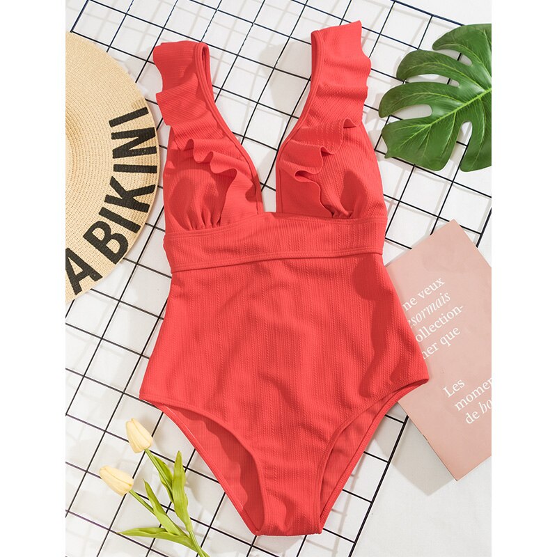 Elisa | Women's Elegant V-Neck Swimsuit with Ruffle Details-Metro Lane Plaza