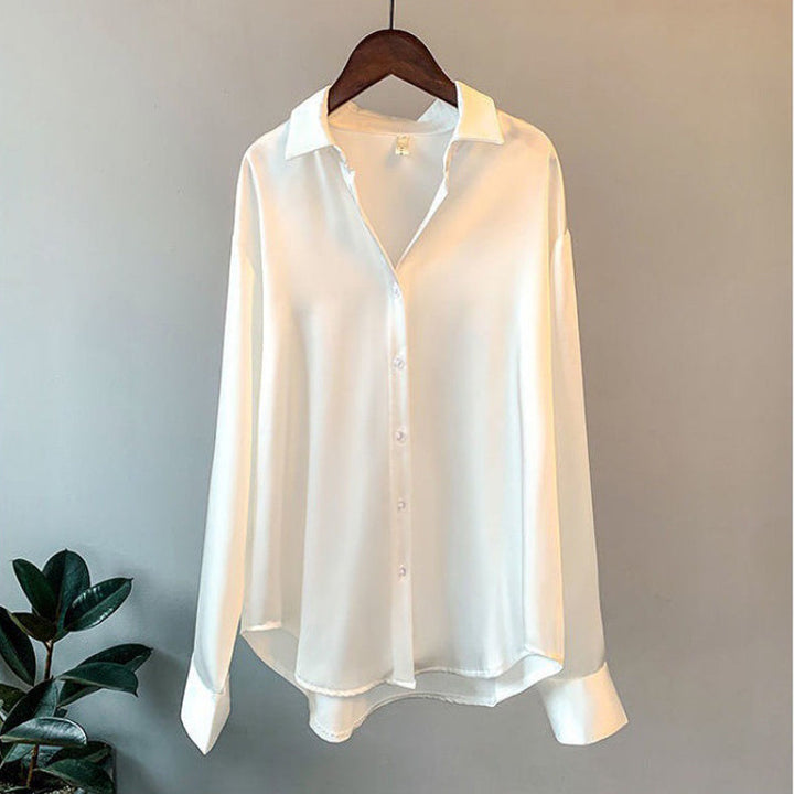 Kimberly | Women's Lustrous Silk-Touch Ruffled Blouse-Metro Lane Plaza