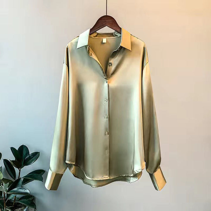 Kimberly | Women's Lustrous Silk-Touch Ruffled Blouse-Metro Lane Plaza