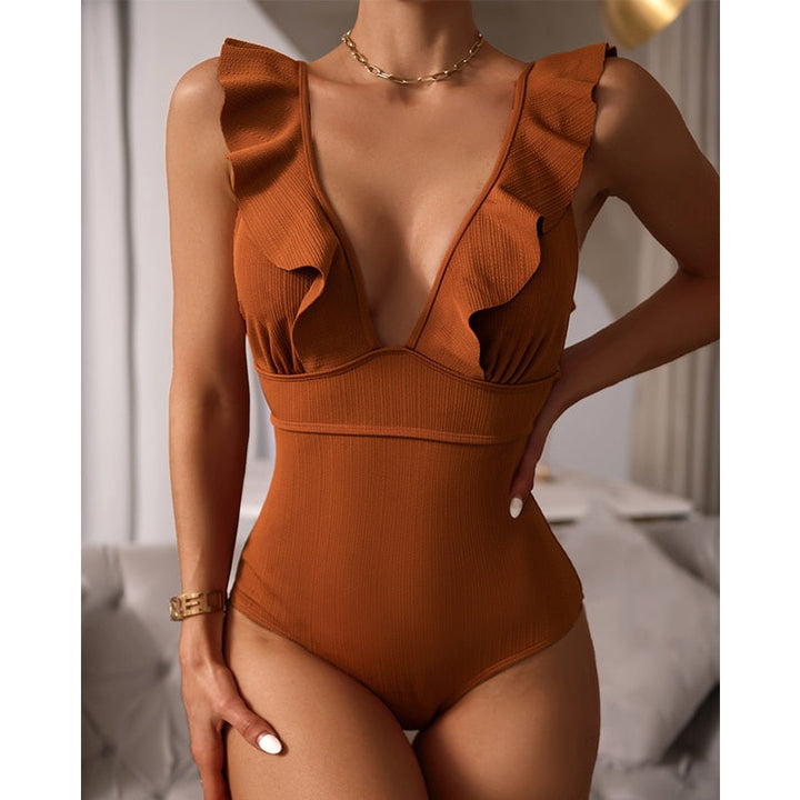 Elisa | Women's Elegant V-Neck Swimsuit with Ruffle Details-Metro Lane Plaza