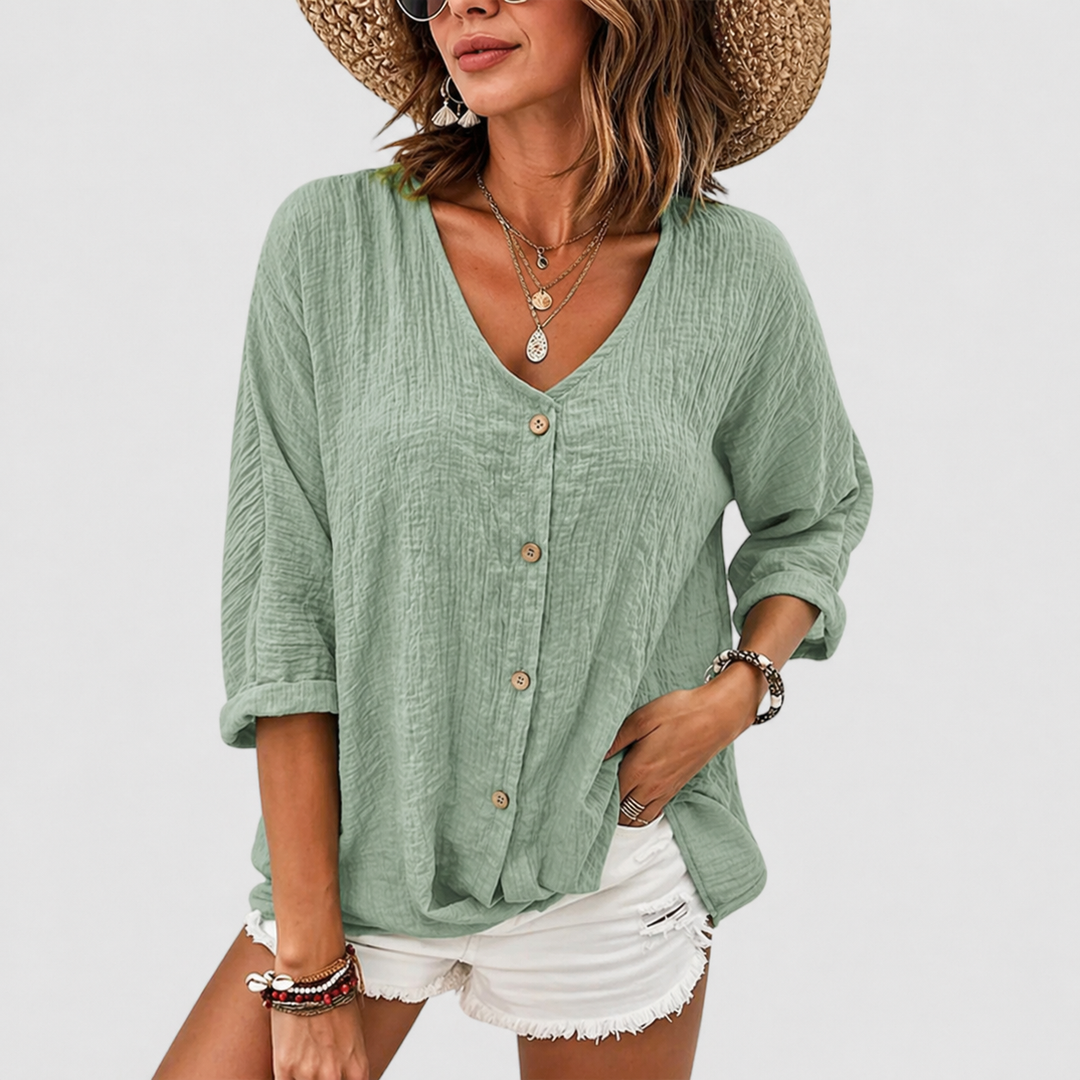 Kelly | Women's Timeless V-Neck Breathable Linen Blouse-Metro Lane Plaza