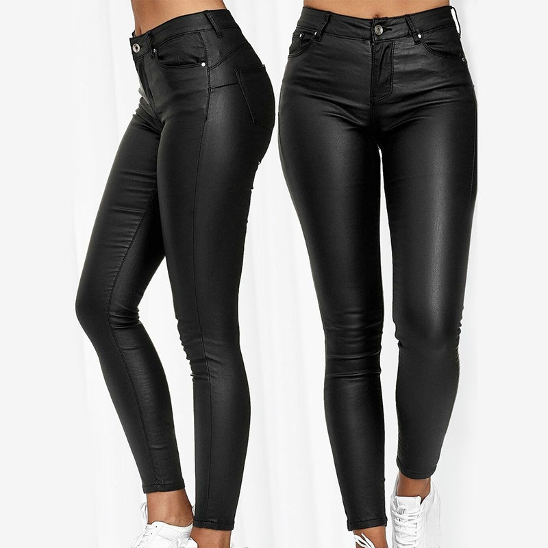 Jeltje | Women's High-Waist Stretch Leather Pants with Figure-Shaping Fit-Metro Lane Plaza